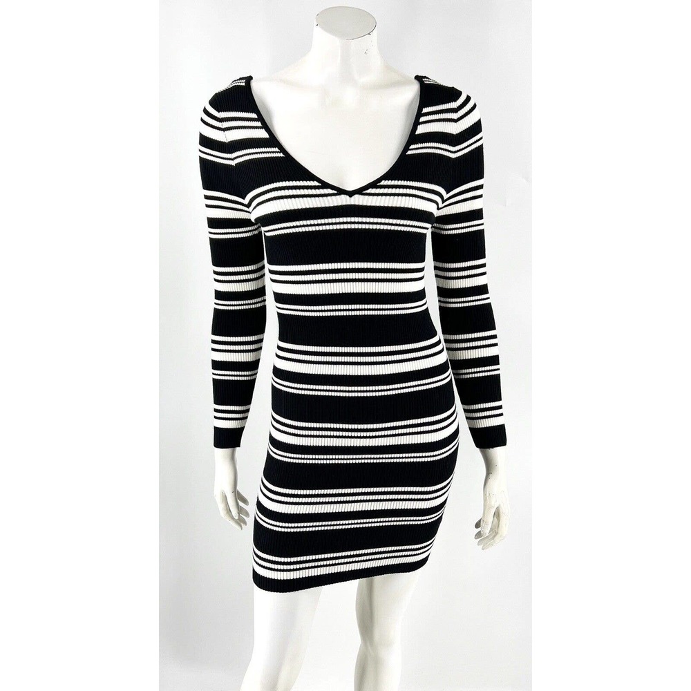 Kendall & Kylie Sweater Dress Sz M Black White Striped Ribbed V Neck Ribbed NEW